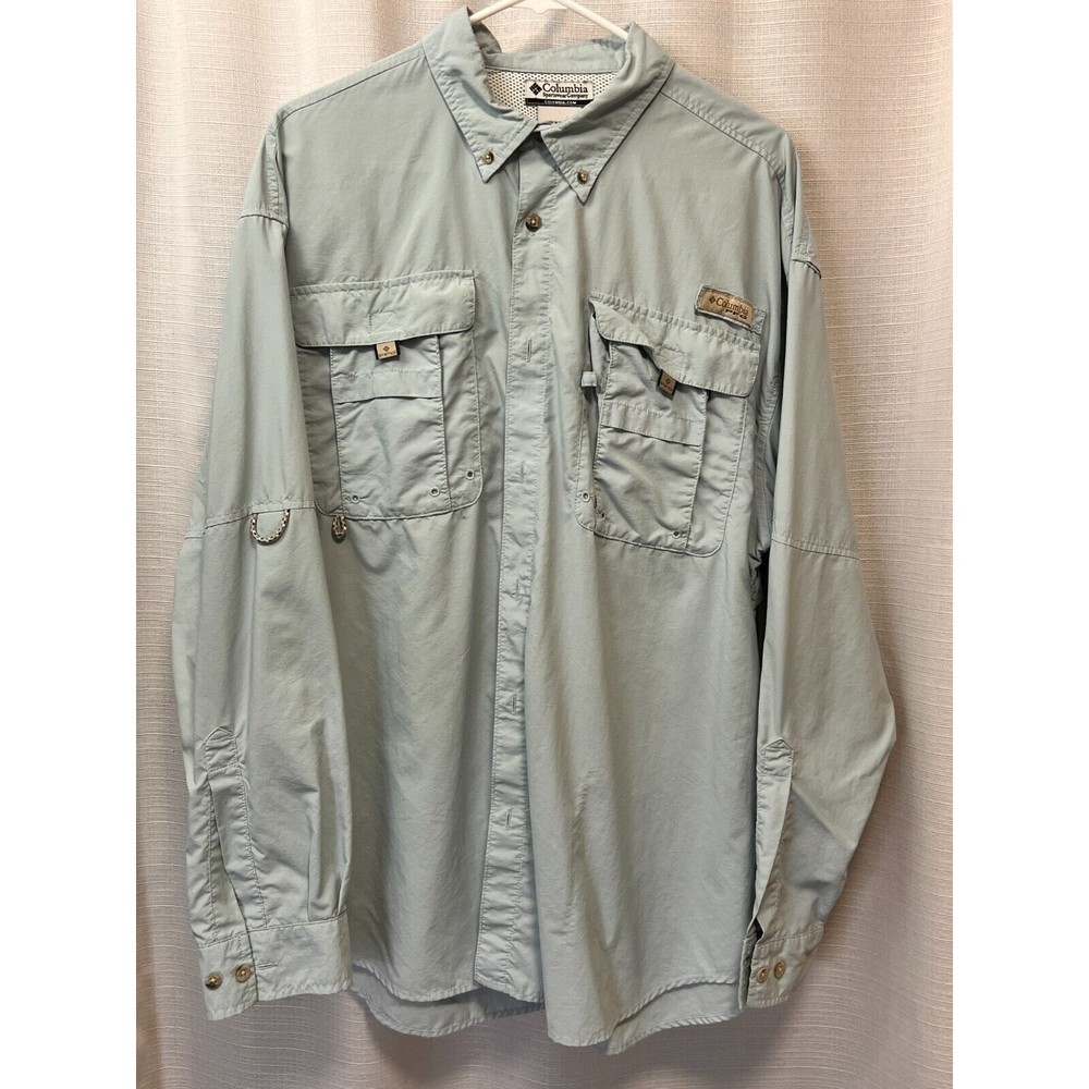 COLUMBIA PFG Mens Large Fishing Shirt Green Vented Rod Holder Sunglass Loop Mesh